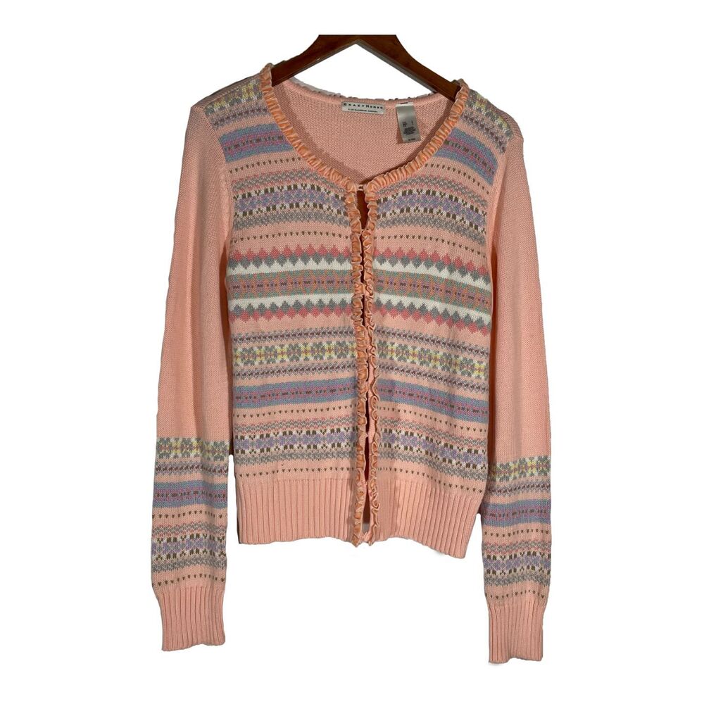 Retro Knit Pink Cardigan Velvet Trim Pastel Stripes L Crazy Horse Liz Claiborne